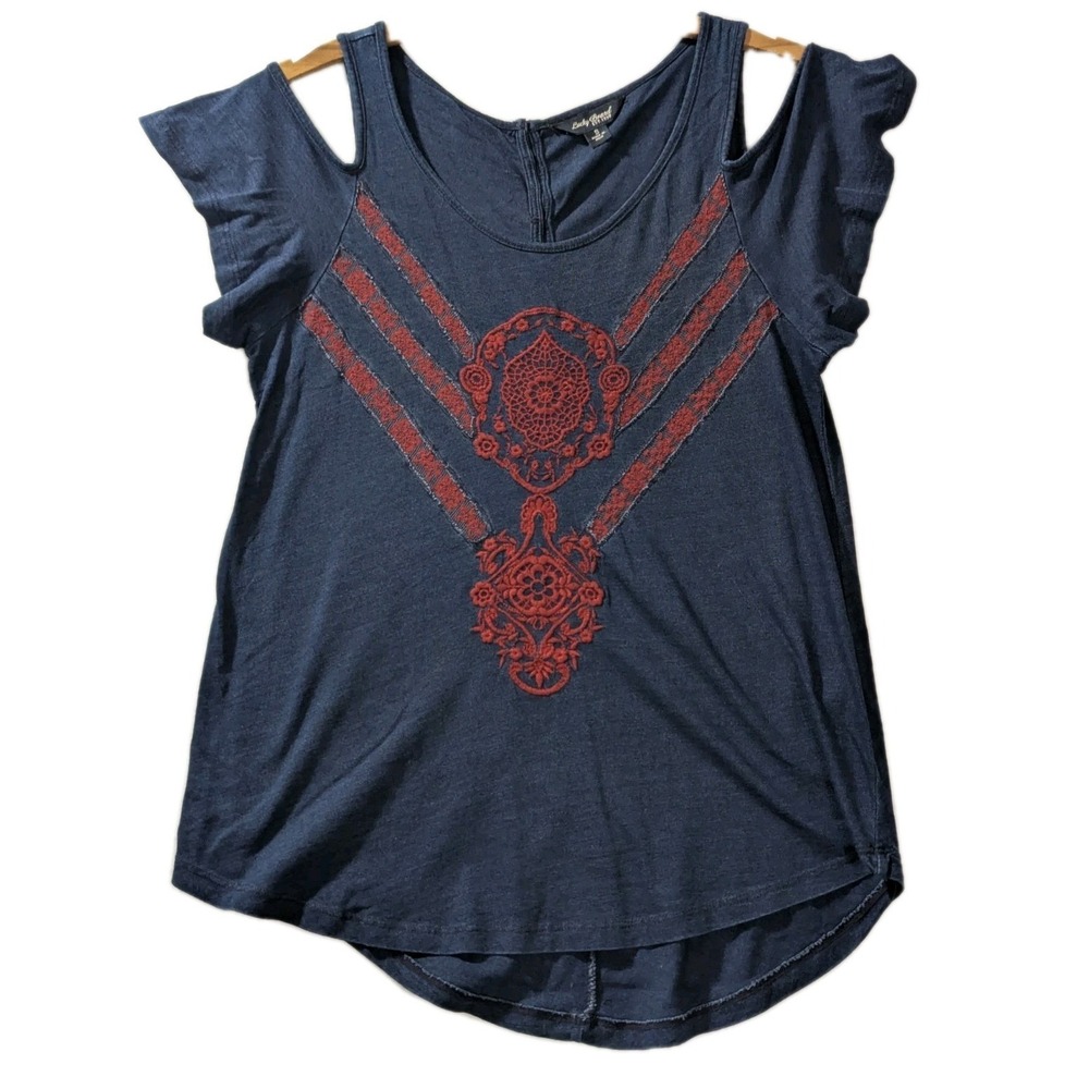 Vintage Y2K Career Core Lucky Brand Embroidered Cold Shoulder Top – Size‎ S